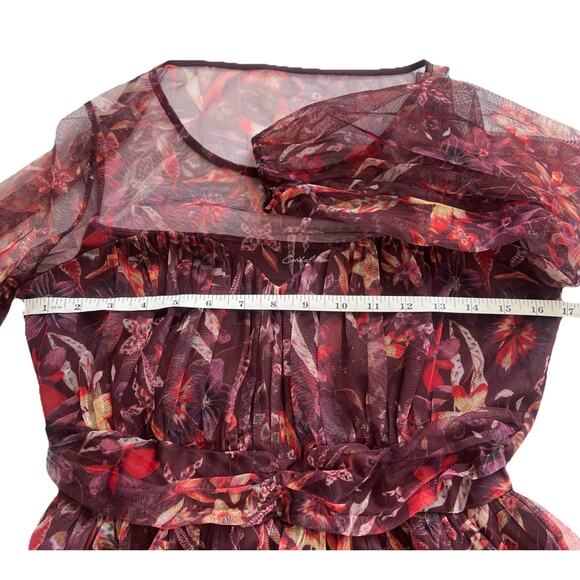 Candalite Midi Dress Womens Medium Burgundy Floral Mesh Overlay Sheer Sleeves - Picture 4 of 11